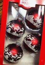 Christmas Ornament Set 4 Blown Glass Ball Red Santa Sleigh Over City - $16.78