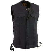 Men&#39;s Motorcycle Vest Covert Black Denim Side Lace Vest MDM3002 - $64.99+