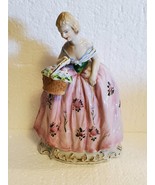Vintage porcelain woman in pink dress with basket figurine made in Japan - £19.51 GBP