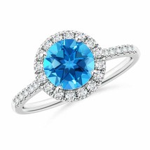 ANGARA Round Swiss Blue Topaz Halo Ring with Diamond Accents in 14K Gold - £1,233.68 GBP