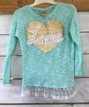 Love Lace Belle du Jour Top Girl&#39;s Med Gold foil Heart Sweater Shirt Seafoam Blu - £12.76 GBP