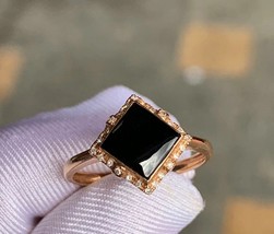 Type A Icy Black Jadeite Jade Ring 18K Rose Gold Square Black Jadeite Ring - £344.23 GBP