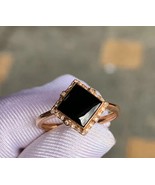 Type A Icy Black Jadeite Jade Ring 18K Rose Gold Square Black Jadeite Ring - £336.56 GBP