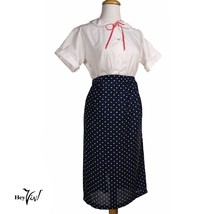 Vintage Navy Blue Skirt White Printed Polka Dots, Elastic Waist 34-38&quot; -... - $28.00