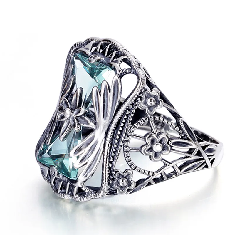 925 Sterling Silver Gemstone Rings For Women Blue Aquamarine Rings Disain Anel P - £42.03 GBP