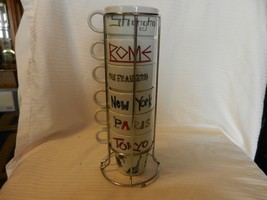 Set of 6 World Market Ceramic Coffee Cups With Stand, Rome, Paris, Tokyo - $70.00
