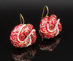 925 Silver - Vintage Heavy Gold Plated Enamel Pearl Beads Earrings - EG11742 - £101.20 GBP