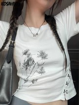 KOSAHIKI Grunge Print T-shirts Y2k Aesthetics Tops Japanese Harajuku  Slim Crop  - £81.88 GBP