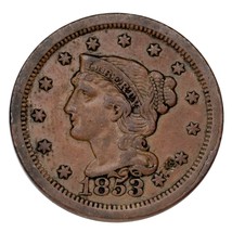 1853 Intrecciato Capelli Grande Cent 1C Penny (Extra Sottile, XF Condizioni) - £58.15 GBP
