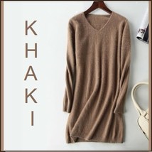 Ladies Soft Mink Cashmere Long Sleeve Khaki V Neck Mini Sweater Shirt Dress 