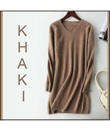 Ladies Soft Mink Cashmere Long Sleeve Khaki V Neck Mini Sweater Shirt Dr... - £87.07 GBP