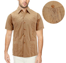 Men&#39;s Cuban Beach Wedding Button-Up Khaki Embroidered Guayabera Dress Shirt - £10.19 GBP+