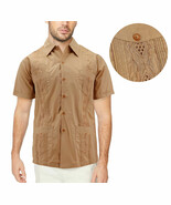 Men&#39;s Cuban Beach Wedding Button-Up Khaki Embroidered Guayabera Dress Shirt - $261.96 MXN+