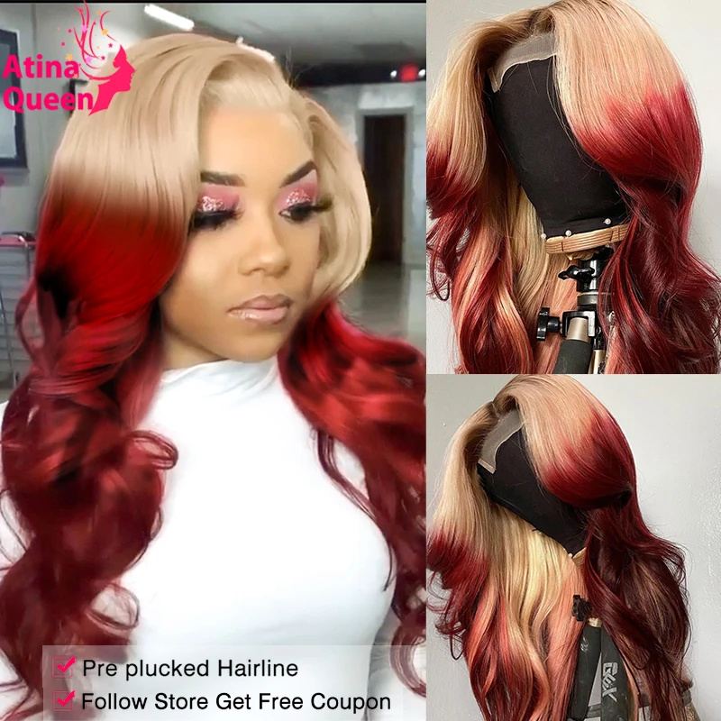 Ombre Colored 99j Burgundy Red Wig 613 Lace Front Human Hair Wig Body Wave - £124.08 GBP+