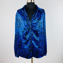 Worthington Womens Woman 1X Blue Black Artsy Bohemian Ruched Button Front Shirt - $17.99