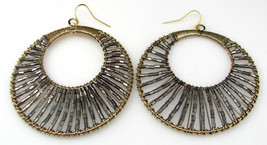 Large 2.25 inch Gold Wire Wrapped Metallic Pewter Beaded Double Hoop Earrings - £9.47 GBP