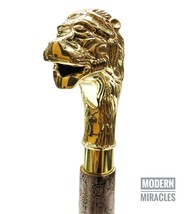 Brass Handle Wooden Lion Folding Compaq Walking Stick Design Brown Leath... - £28.81 GBP