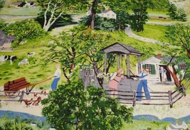 Grandma Moses &quot;At The Well&quot; Textured Barkcloth Fabric  New Unused - £79.13 GBP