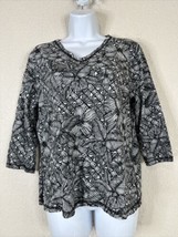 Weekends By Chico&#39;s Womens Sz 2 (L) Blk/Wht Floral V-neck Knit Top 3/4 Sleeve - £5.92 GBP