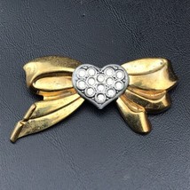 Bow Heart Jeweled Pin Vintage Brooch - £10.27 GBP