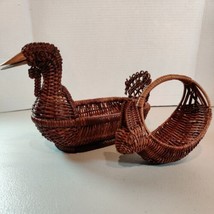 (2) VTG Rattan Wicker Woven Duck Turkey Goose Basket Wooden Beak &amp; Small Rabbit - £17.25 GBP