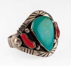 Navajo Kelvis Josh Turquoise &amp; Coral Wide Cuff Bracelet 68.5gr - £309.90 GBP