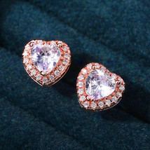 Classic Heart-Shaped Zircon Stud Earrings Women&#39;s Full Diamond Plated Rose Gold  - $9.99
