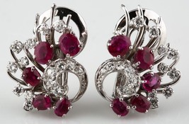14K White Gold Ruby And Diamond CLIP-ON Earrings *Beautiful Pigeon Blood Color** - £1,618.48 GBP