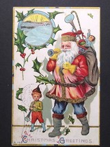 Christmas Greetings Santa in Blue Pants Bag of Toys Gold Embossed Postcard c1910 - £15.70 GBP