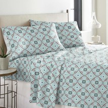 4 Piece Blue Multi Medallion Floral Pattern Sheets Cal King Set, Elegant... - $70.28