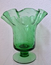 Hand Blown Green Glass Stemmed Vase Ruffle Edge Pinch 7.5&quot; Pontil Pedestal - £36.88 GBP