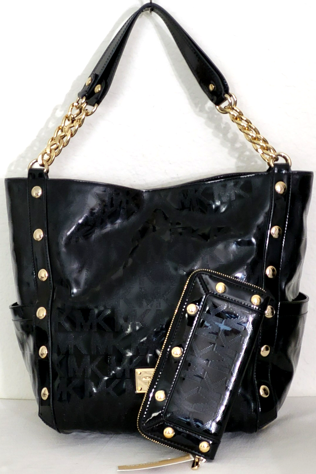 MICHAEL KORS DELANCY BLACK MIRROR METALLIC STUDDED TOTE BAG +/OR WALLETNWT! - $132.99+