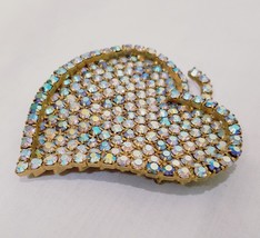 Large Rhinestone Heart Brooch 3&quot; Gold Tone Blue Vintage - £32.14 GBP