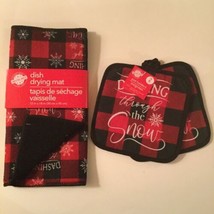 Kitchen 3 pc dish drying mat flakes pot holders plaid checked red - $15.99