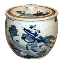 Vintage Style Blue and White Soldier Motif Bowl With Lid Jar 12&quot; - £142.41 GBP