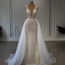 Luxury Ivory Mermaid Evening Dresses Gowns 2021 Beading Elegant With Train Brida - £656.26 GBP