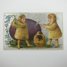 Easter Postcard Fantasy Children Yellow Chicks Purple Egg Embossed Antique 1910 - $16.99