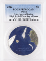 1 Oz Silver Coin 2022 Palau $5 American Alligator High Relief PCGS PR70DCAM Slab - £155.32 GBP