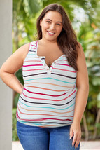 White Colorful Striped Henley Button Plus Size Tank Top - £12.86 GBP