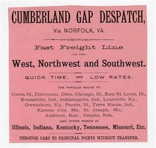 Original 1890&#39;s Cumberland Gap Despatch Railroad Ad Via Norfolk Virginia  - £17.06 GBP