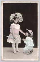 RPPC Victorian Children Lace Hat Parasol Hand Colored Tinted Photo Postcard E41 - $5.95