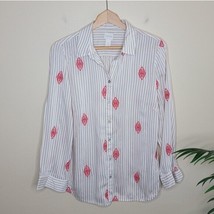 Chico&#39;s | Tan White Striped Button Down Shirt with Red Embroidery, Chico&#39;s 1 Med - £16.99 GBP