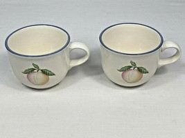 Lot of Two (2) Pfaltzgraff Stoneware Hopscotch Coffee Cups Peach Blue Rim - $9.89