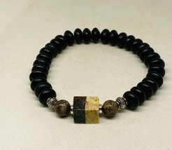 Size 8&quot; Men&#39;s Bracelet Square dual color center bead Zebra Jasper with black st - £7.29 GBP