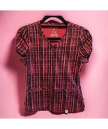 Jaanuu Womens XS Black &amp; Red Stripe Scrub Top Side Zipper Cotton Spandex - $24.26 CAD