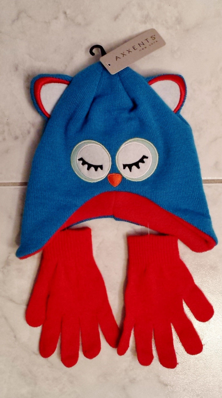 Axxents Child's Blue White Red Soft Knit Owl Winter Hat With Free Red Gloves - $12.99