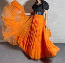 A-line Orange Tiered Tulle Skirt Floor Length Plus Size Wedding Guest Tutu Skirt image 3