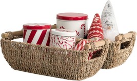 Seagrass Rattan Baskets With Wooden Handles, Small Wicker Baskets,, Pack. - $36.99