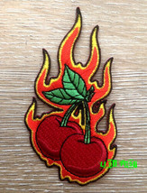 Flaming Cherries Patch Embroidered Iron On Rockabilly Kitsch Retro Tattoo Art - £4.77 GBP