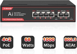 6 Ports PoE Switch 4 PoE Ports Gigabit Ethernet Switch with 2 Ports Gigabit Upli - £41.56 GBP